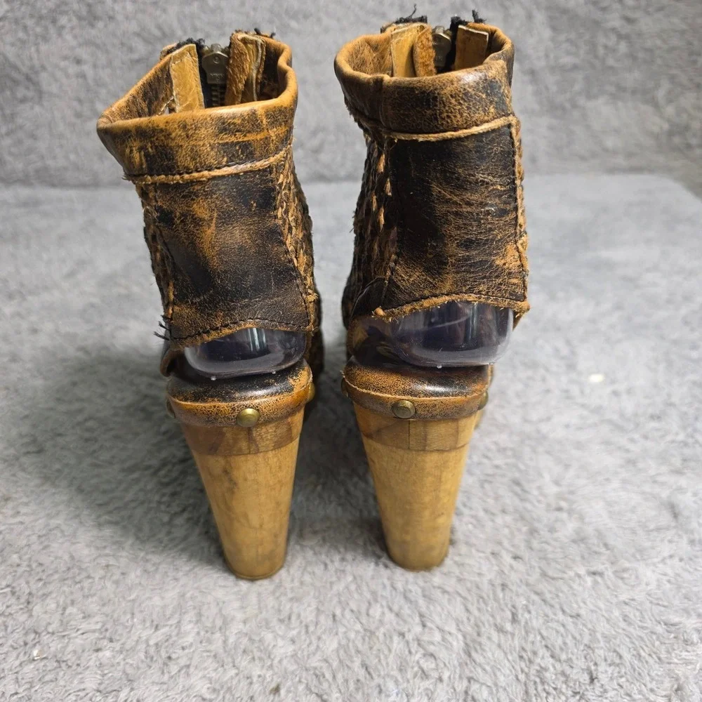 Sbicca Artisan Woven Leather Wood Platform Booties Brown Distressed Sandals 7
